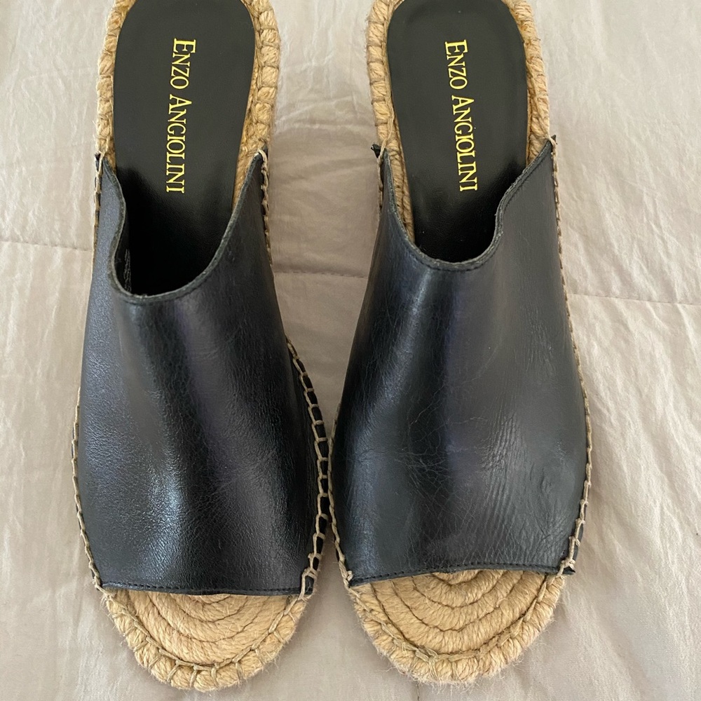 Enzo Angolini espadrille wedge black leather mule slip on open toe
